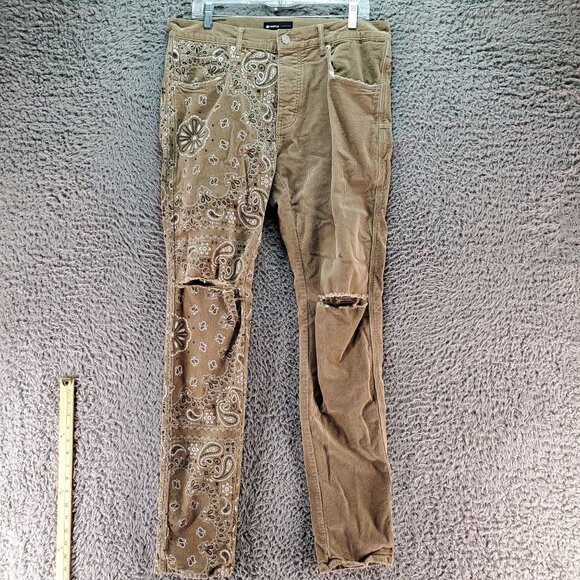 Purple Brand Jeans Mens 34x34 Brown Button Fly Corduroy Paisley Print Skinny - Picture 1 of 16
